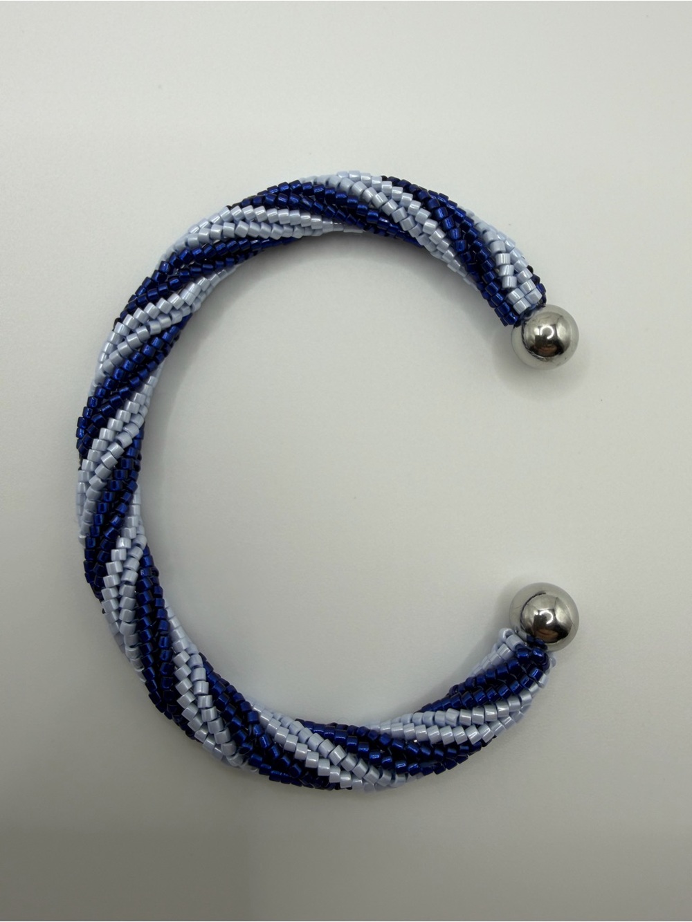 Twisted Blue and Silver Beaded Open Cuff Bracelet